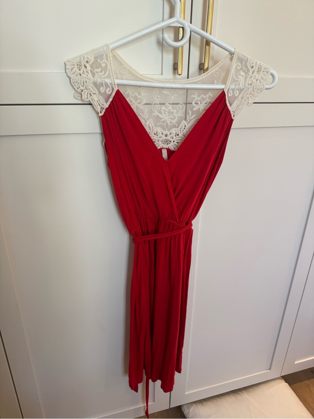 Gilli Red Midi Wrap Dress with Cream Lace Yoke